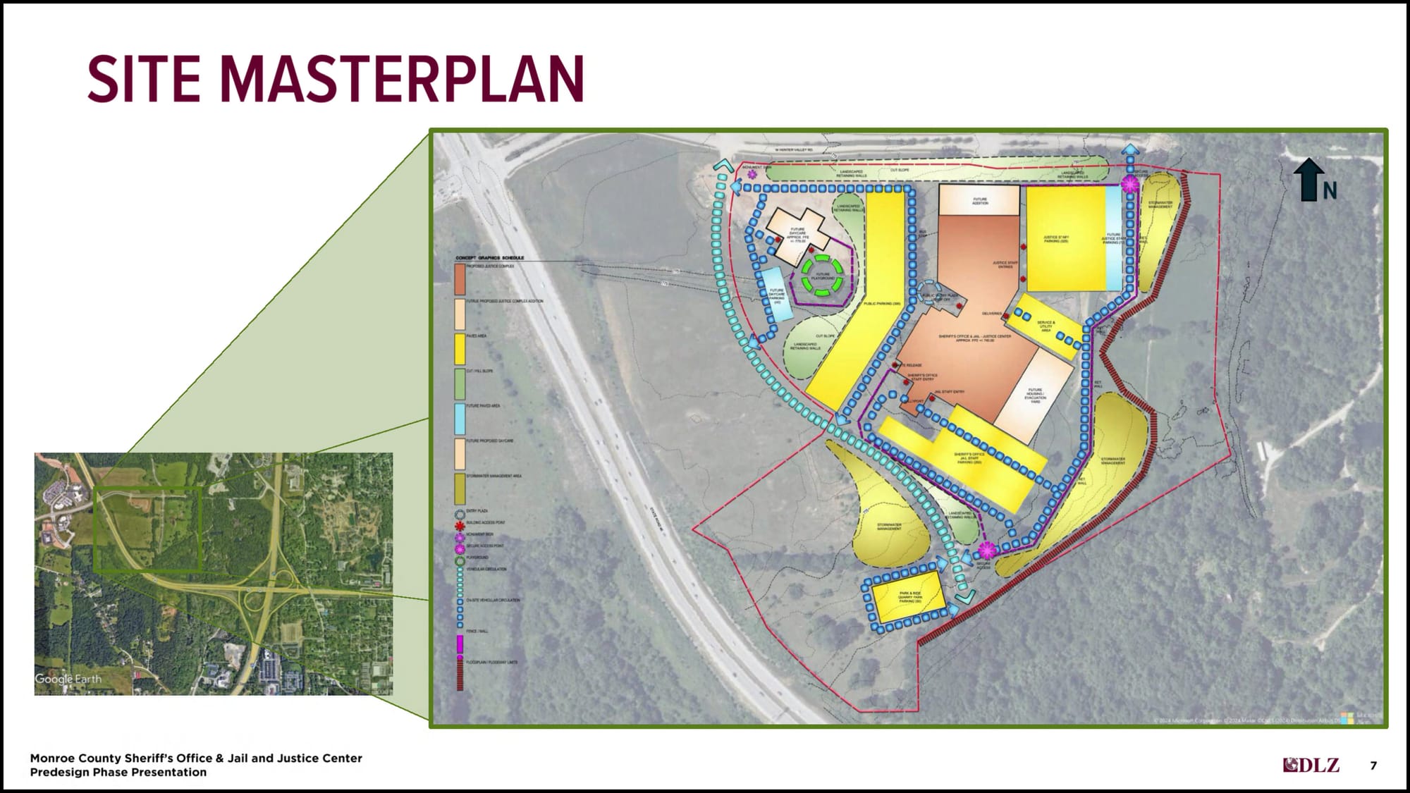 A site layout for a jail and justice center. Elements are superimposed on an aerial photograph.