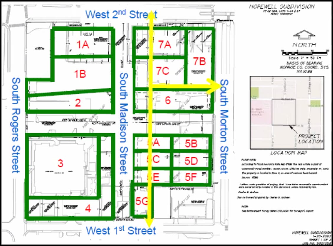 diagram of plat showing new streets and north-south alley proposed to be vacated and an east-west alley to be vacated. The alleys to be vacated are shown in yellow.