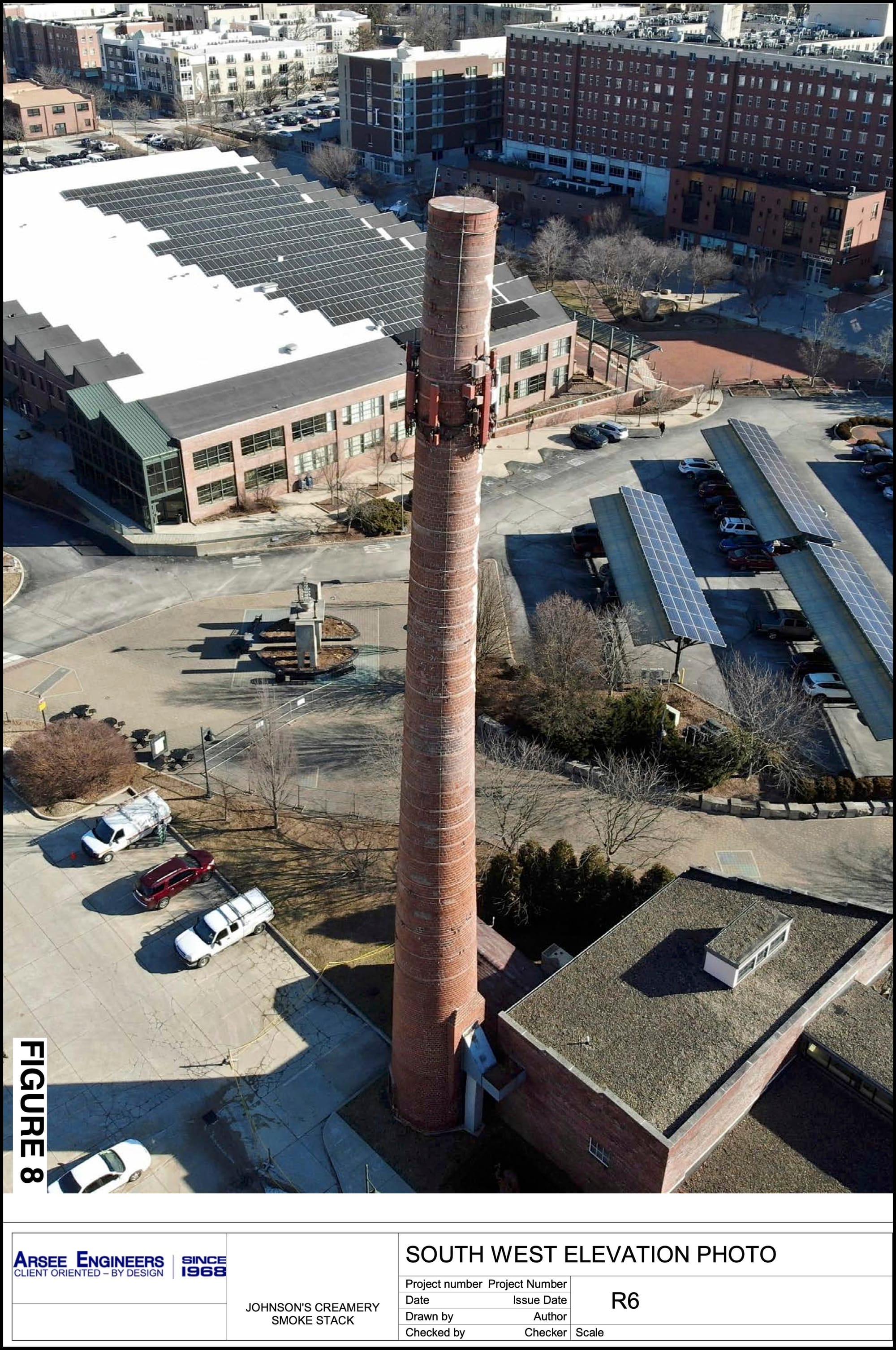 photo of Johnson's Creamery smokestack showing lean to the southeast