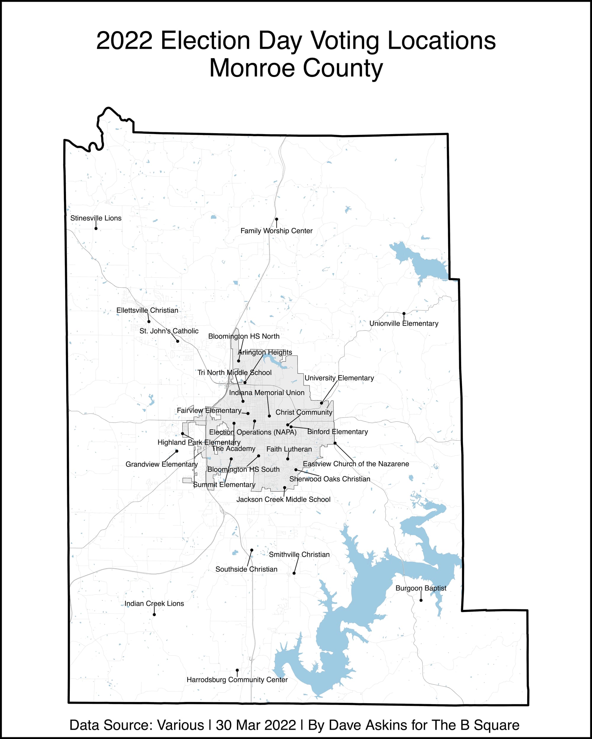 map showing Monroe County with 28 polling locations labeled with names of locations