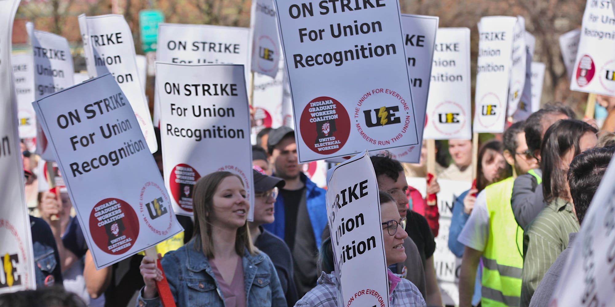 Sea of signs at a demonstration. The signs say:"On strike for union recognition."