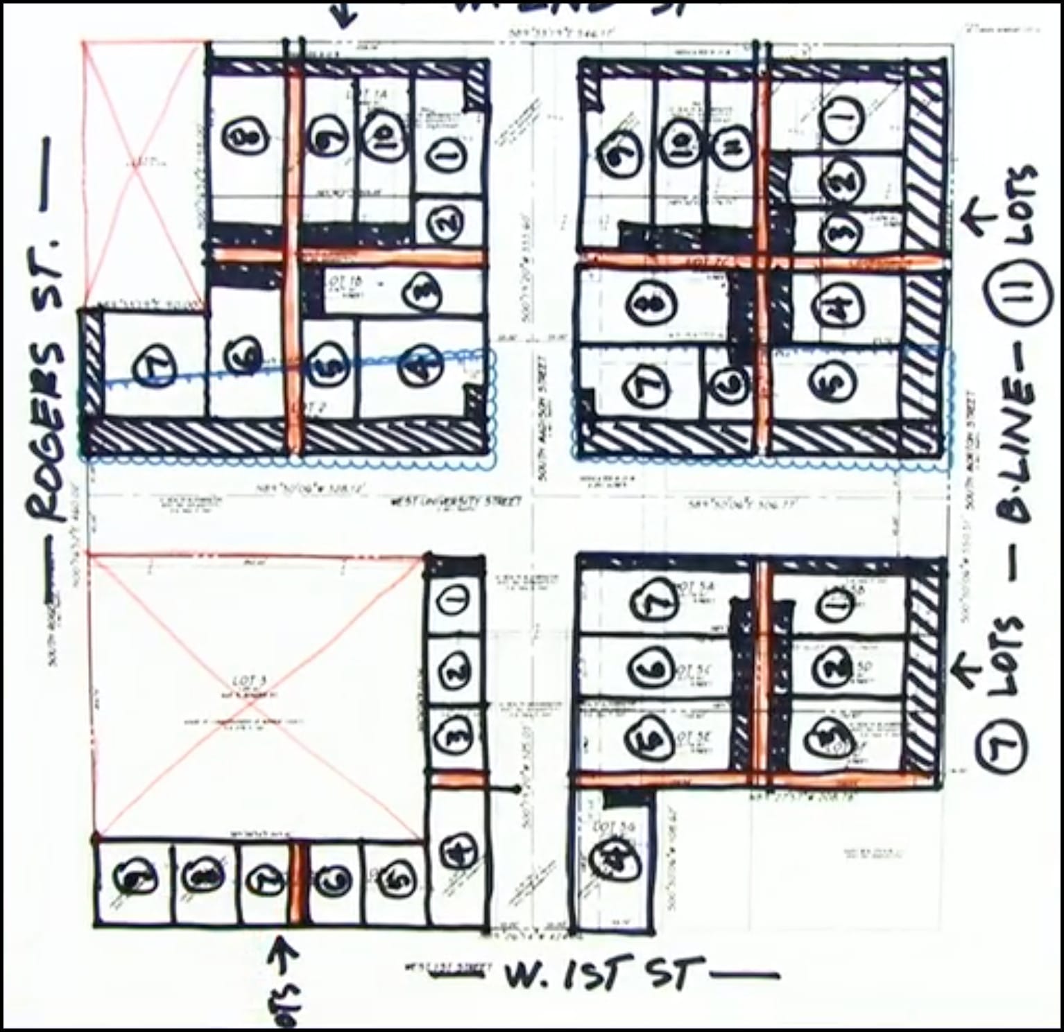 a plat of the block showing where a public speaker thinks alleys should be added after the alleys are vacated. The alleys to be added are shown in red.