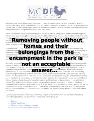 Monroe Dems: “Removing people without homes and their belongings from the encampment in the park is not an acceptable answer.”