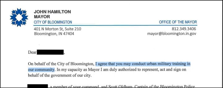 Bloomington mayor to US Army: “I agree that you may conduct urban military training in our community.”