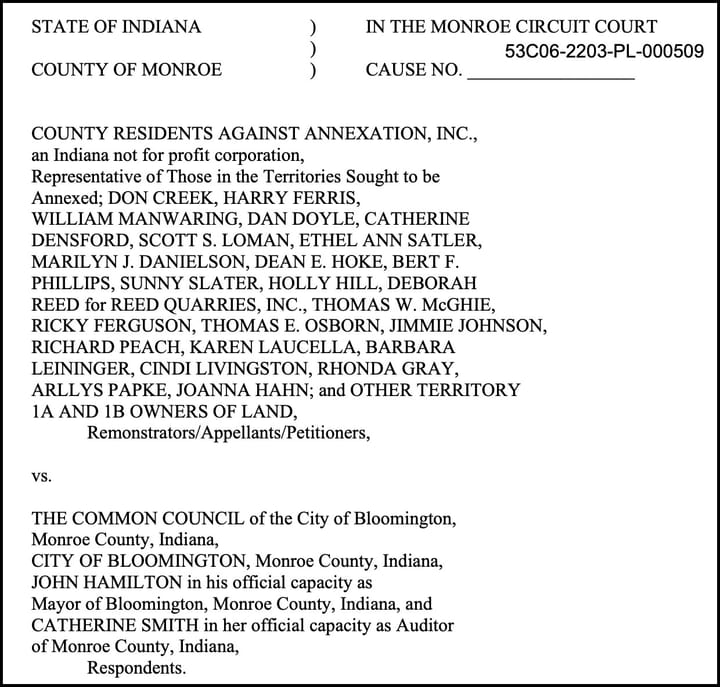 Court action filed by property owners in two territories opposing Bloomington’s annexations