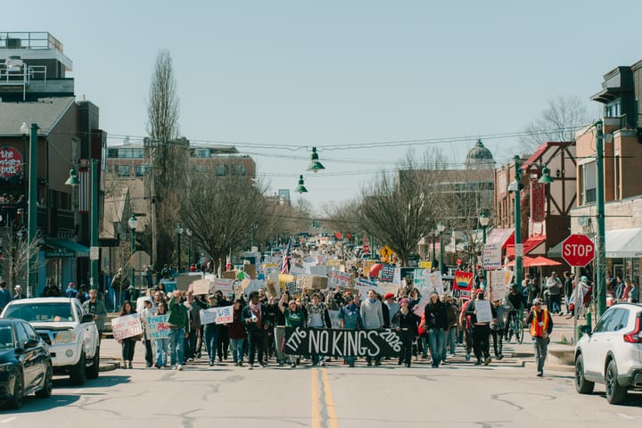 Bloomington’s ‘No Kings 3.0’ protest features speeches, music, march down Kirkwood